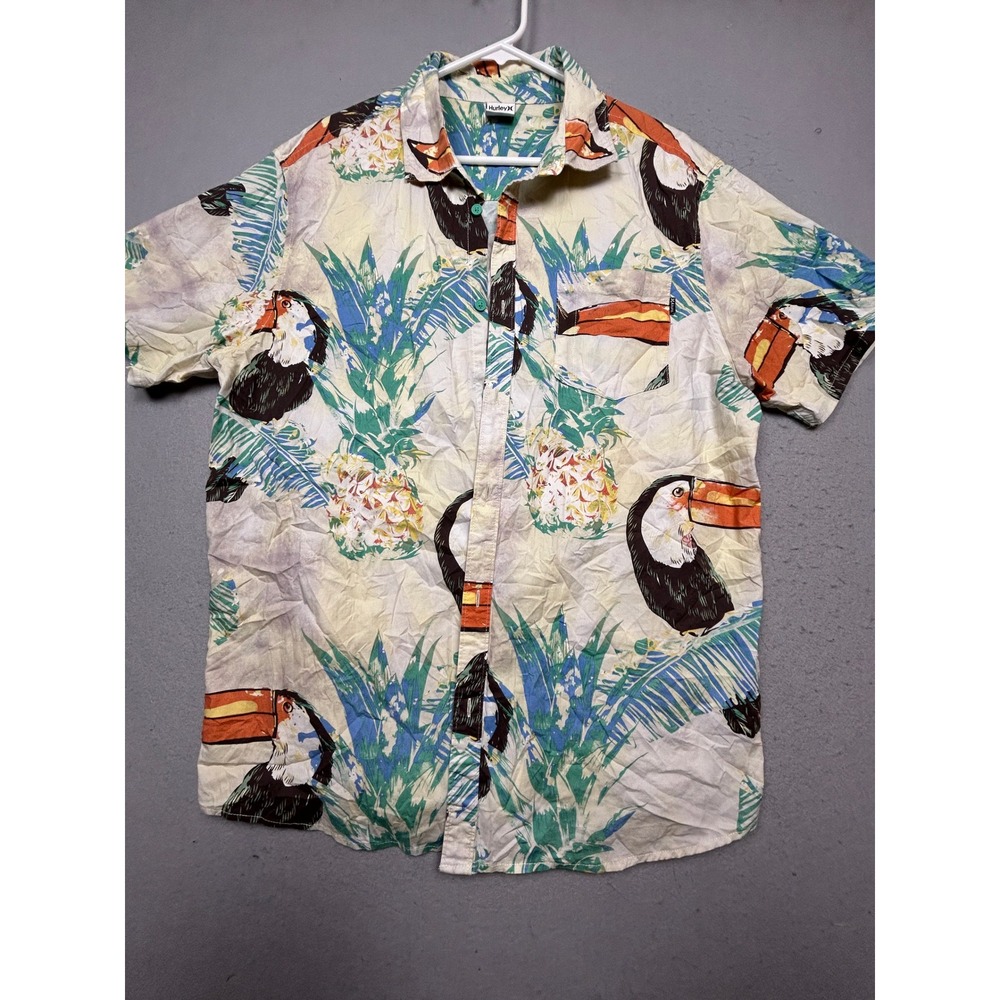 Hurley Toucan Pineapple Tropical Print Shirt Cotton Blend Cream XL Mens